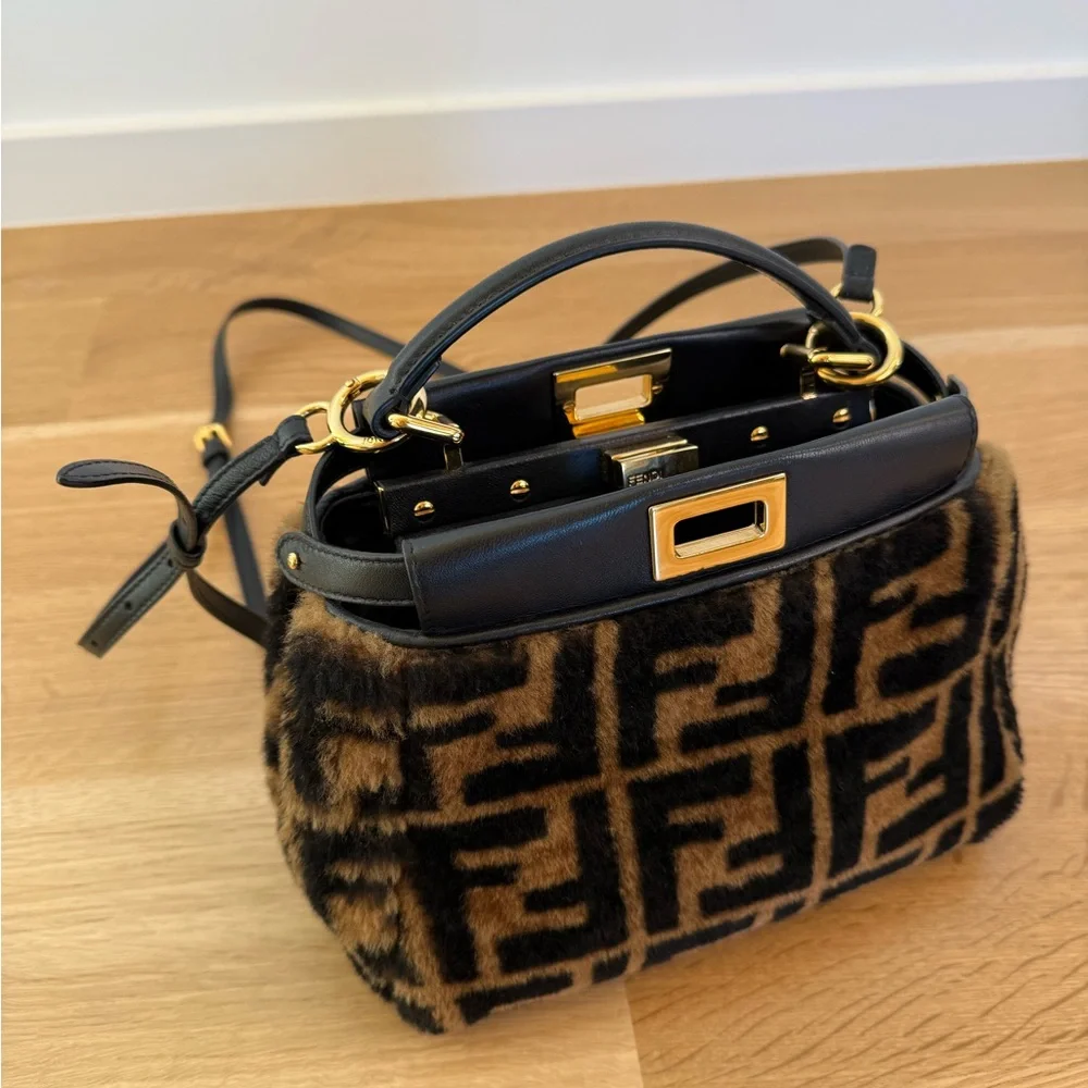 Fendi Brown & Black Faux Fur Mini Peekaboo Bag with Gold Hardware - Picture 2 of 8